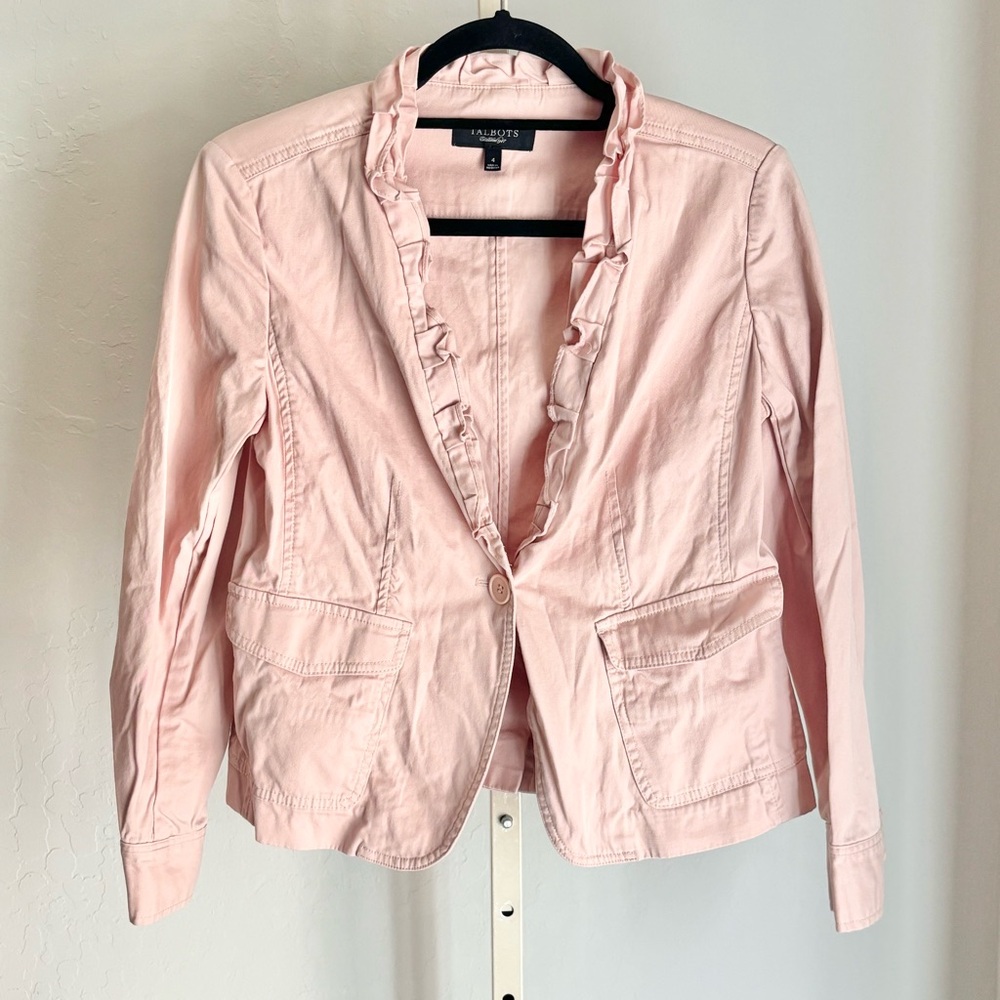 Talbots Light Pink Poplin Cotton Ruffle Front Single Breast Blazer Jacket, 4